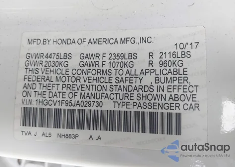 2018 Honda Accord Touring from USA, damaged, VIN 1HGCV1F95JA029730